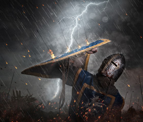 Lightning strikes a knight on battlefield. - obrazy, fototapety, plakaty