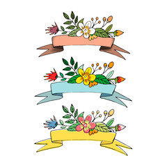 Vintage labels Ribbon Banners with flowers. Vector - 113996137