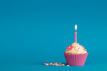 small pink birthday cupcake with candle and blue background