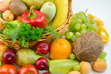 Fruits and vegetables on a white background