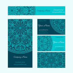 Set booklets templates. Business cards, invitations and banners. Floral mandala pattern and ornaments in blue and turquoise colors, in style of Asian, Arabic, Indian motifs.
