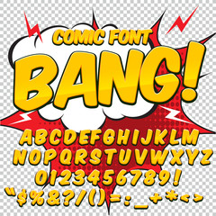 Comic alphabet set. Light yellow color version. Letters, numbers and figures for kids' illustrations, websites, comics.