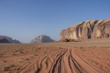 Road thru desert and rocks of Wadi Rum (Valley of the Moon), Jordan