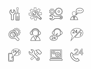 Technical support, contour icons, monochrome. 