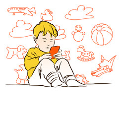Junge spielt mit Handy, Kinder-Skizzen im Hintergrund