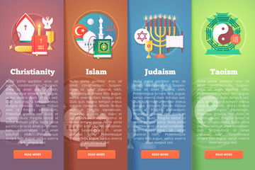 Set of religion vector flat banners. Religions and confessions illustration concepts. Flat modern style.