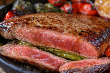 steak medium rare with a cut. meat barbecue. Food shot side close.