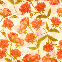 Fototapeta na wymiar Seamless wallpaper: vintage textured watercolor roses on abstract pastel background