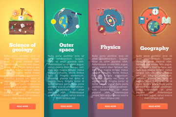 Elementary and academic science. Geology. Outer space. Physics and math. Geography study. Education and science vertical layout concepts. Flat modern style.
