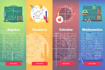 Mathematics banners. Flat vector education concept of math, algebra, calculus. Vertical layout composition. - obrazy, fototapety, plakaty