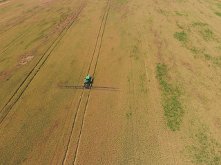 Adding herbicide tractor on the field of ripe wheat. View from above.