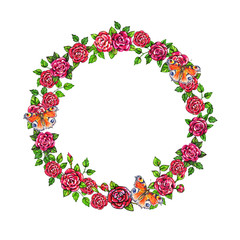 Roses flowers romantic frame with butterflies on a white background. Animation illustrations for design. Peacock butterflies element. Handwork. Pattern in retro vintage style for design