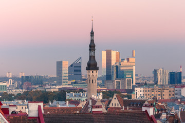 Aerial cityscape with old town hall spire and modern office buildings skyscrapers in the background in the evening, Tallinn, Estonia