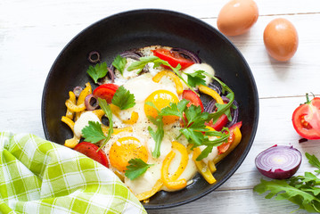 Fried eggs in pan