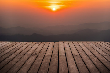 perspective empty wooden terrace with mountain in twilight time