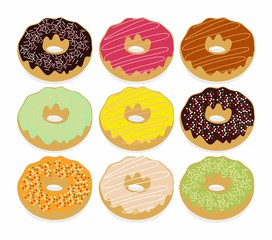 Set of sweet donuts on the white background. Vector food illustration.