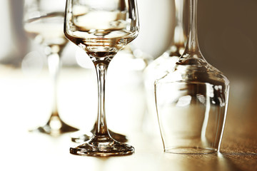 Empty wineglasses on a table, close up