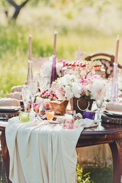 decorated for wedding elegant dinner table outdoors

