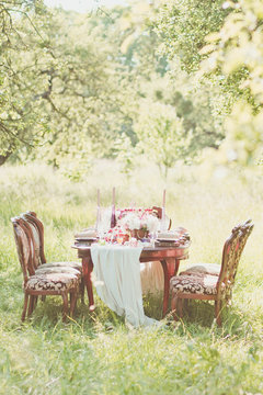 decorated for wedding elegant dinner table outdoors

