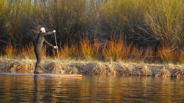 Tracking shot of Man in wetsuit paddle boarding in Spring on Deschutes River in Bend, Oregon