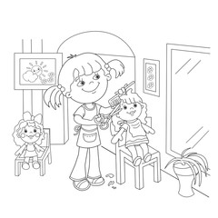 Coloring Page Outline Of girl playing in the Barber shop