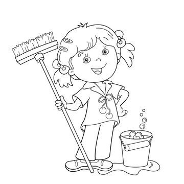 Coloring Page Outline Of cartoon girl with mop and bucket