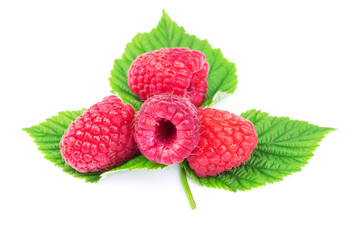 Fresh, ripe raspberries over green leaves, isolated on white background.