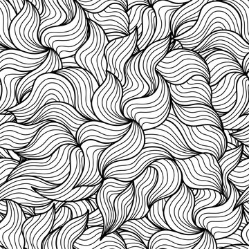Black and white waves seamless pattern. Vector hand drawn wavy background