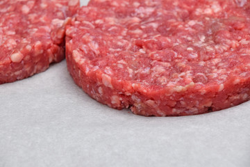 Raw meat burgers for hamburgers on parchment