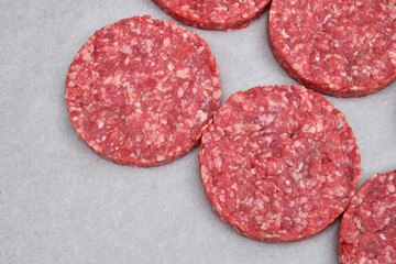 Fototapeta na wymiar Raw meat burgers for hamburgers on parchment