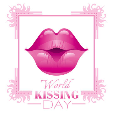 Sexy kissing woman lips with pink lipstick on white background. Icon with text and vintage frame for greeting card design. Beautiful close up kiss vector illustration