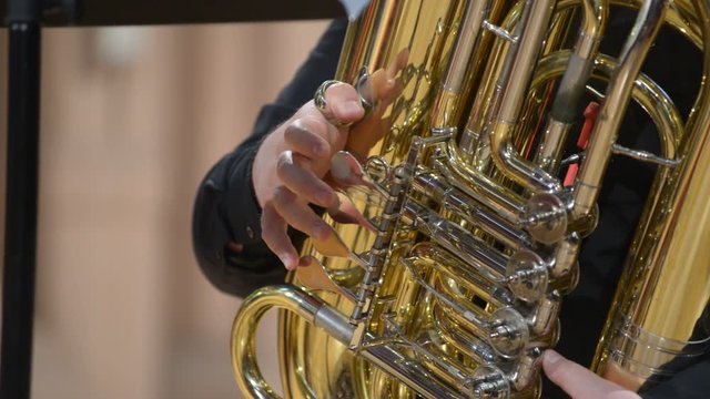 Tuba player plays the tuba, close-up, blurred defocused background