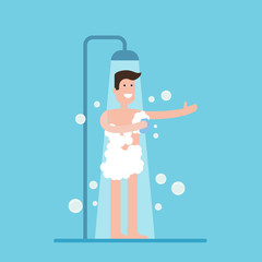 taking a shower in bathroom. Flat illustration