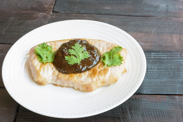 Grill pork for breakfast with side view