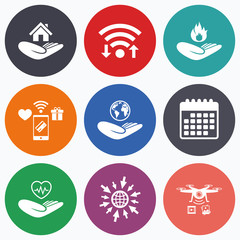 Helping hands icons. Protection and insurance.