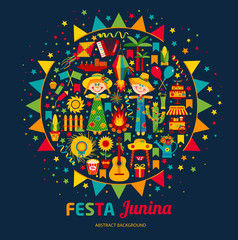Festa Junina village festival in Latin America. Icons set in bri