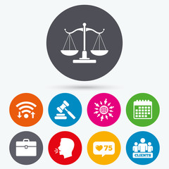 Scales of Justice icon. Auction hammer and case.