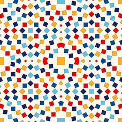 Seamless pattern with symmetric geometric ornament. Abstract repeated bright squares and rhombuses background.