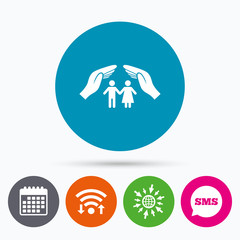 Couple life insurance sign icon. Hands protect.