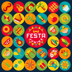 Festa Junina village festival in Latin America. Icons set in bri