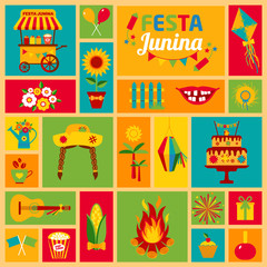 Festa Junina village festival in Latin America. Icons set in bri