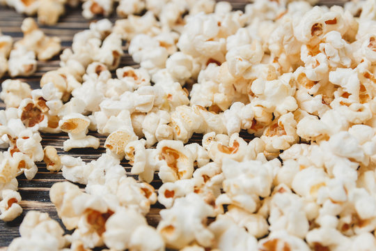 Popcorn on Wooden Table, Close up