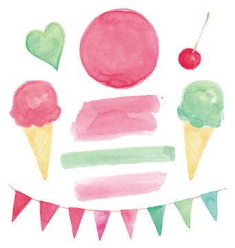 Watercolor Bunting and Summer Ice Cream Design Elements Vector Set