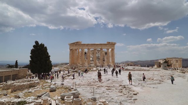 A wide shot of the Parthenon in the Acropolis of Athens, Greece