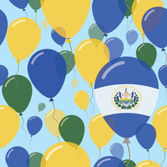 El Salvador National Day Flat Seamless Pattern. Flying Celebration Balloons in Colors of Salvadoran Flag. Happy Independence Day Background with Flags and Balloons.