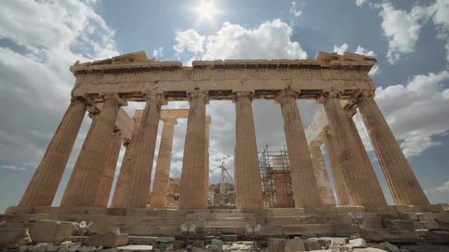 A low angle shot of the Parthenon in the Acropolis of Athens, Greece
