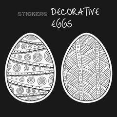 Black, white decorative eggs. Set of stickers on background.