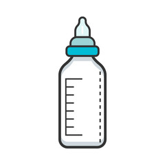 Baby bottle with teat for milk.  Flat color icon. 