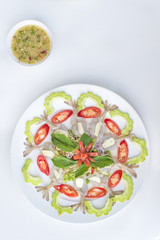 Fresh raw shrimp with seafood sauce or Shrimp in fish sauce.
