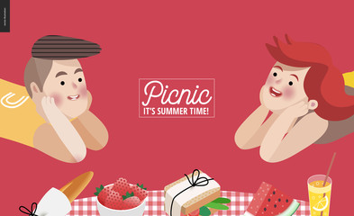 Obraz na płótnie Canvas Picnic elements, red banner template - flat cartoon vector illustration of man and woman on picnic and a picnic snack on checkered kitchen plaid - watermelon, lemonade, bread, strawberry and sandwich